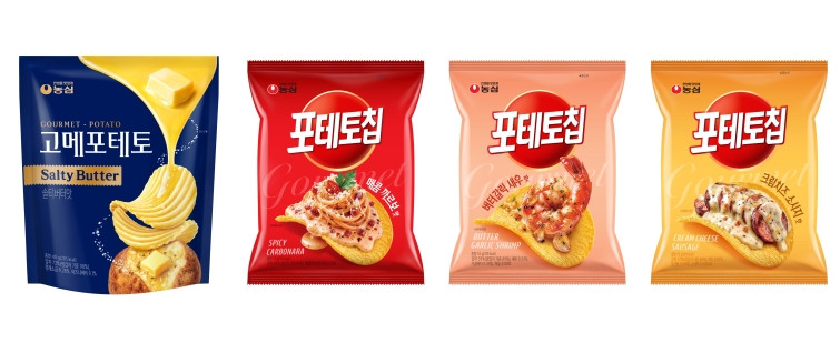 포테토칩 신제품 4종 모음 이미지(고메포테토 솔티버터맛, 매콤까르보맛, 버터갈릭새우맛, 크림치즈소시지맛).jpg